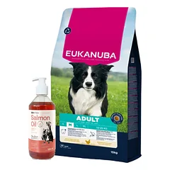 EUKANUBA Active Adult Medium Breed Chicken 15kg + LAB V Lašišų aliejus šunims ir katėms 500ml