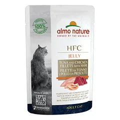 Almo Nature HFC Jelly Tunas, Vištiena Ir Kumpis drėgnas maistas suaugusioms katėms drebučiuose, 55 g