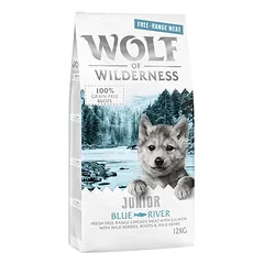 Wolf of Wilderness Junior "Blue River" – laisvai auginta vištiena ir lašiša, sausas maistas šunims — 2 nuotrauka