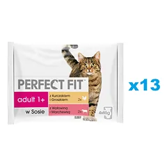 PERFECT FIT Adult – 52 x 85 g pakuotė, drėgnas kačių maistas su vištiena ir žirneliais, su jautiena ir morkomis