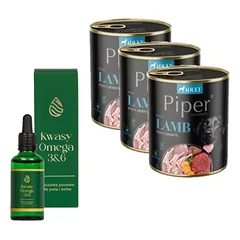 DOLINA NOTECI Piper šunims ėriena su morkomis 3x800g + LAB-V Omega 3 ir 6 riebalų rūgštys bendrai šunų ir kačių sveikatos, kailio ir odos būklei gerinti 100ml