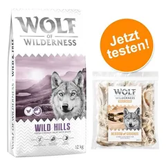 Wolf of Wilderness Kombi-Paket: Adult Trockenfutter + 3 x Kaninchenohren mit Fell Snacks