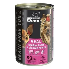Super Beno GRAIN-FREE šunų skanėstai su veršiena, vištienos kepenėlėmis ir vištienos širdelėmis padaže, 415 g