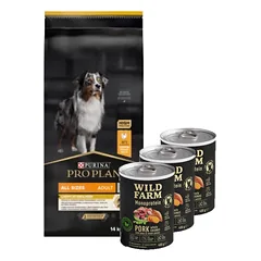 Purina Pro Plan Adult Light Optiweight Sterilizuota, vištiena su ryžiais 14kg + Wild Farm Monoprotein Pork 3x400g hipoalerginis maistas šunims