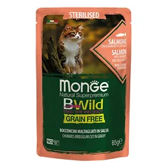 Monge BWild kons.pašaras sterilizuotoms katėms su lašiša, krevetėmis ir daržovėmis padaže 85g