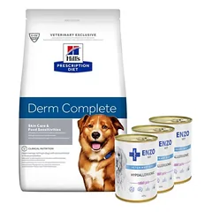 HILL'S PD Prescription Diet Canine Derm Complete 12kg + ENZO VET Hipoalerginė dieta su triušiena šunims 3x400g