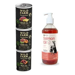 Wild Farm Monoprotein skonių mišinys 3x400g hipoalerginis šunų ėdalas + LAB V Lašišų aliejus šunims ir katėms 500ml