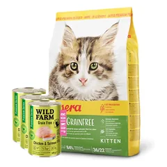 JOSERA Kitten Grainfree 10kg begrūdis maistas + WILD FARM Premium Grain Free Chicken and Salmon Junior 3x400g - kačiukų ėdalas be grūdų