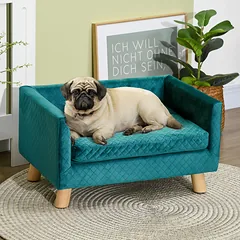 Sofa šunims ir katėms su atlošu ir pagalvėle, aksominė, su medinėmis kojelėmis, iki 8 kg, 64x45x36 cm, mėlyna — 2 nuotrauka