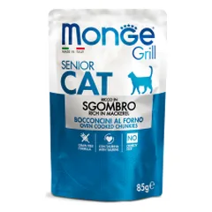 Monge Grill Cat Pouches drėgnas maistas sterilizuotoms katėms su skumbre, 85 g