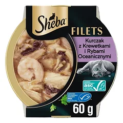 SHEBA Filets su vištiena, vandenyno žuvimis ir krevetėmis padaže, 16 x 60 g, šlapias pašaras katėms, 8+8 GRATIS.