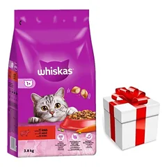 WHISKAS Adult 3,8 kg - sausas visavertis pašaras suaugusioms katėms su gardžia jautiena + Staigmena katei