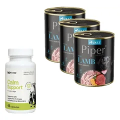 DOLINA NOTECI Piper šunims ėriena su morkomis 3x800g + LAB-V Calm Support - streso ir elgesio sutrikimų simptomų palaikymas 45 kapsulės
