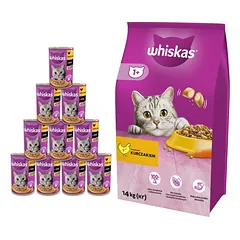 WHISKAS Adult 14kg - sausas kačių maistas su vištiena ir daržovėmis + WHISKAS Adult konservų dėžutė 10x400g