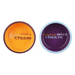 Trixie Eat On Feet Ceramic Bowl Set stovas su dviem keraminiais dubenėliais katėms, 2 x 0.3 l, ø 12 cm, šviesiai mėlynas/oranžinis/violetinis — 2 nuotrauka