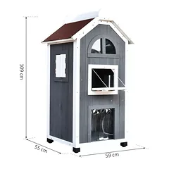 Lauko kačių namelis, 2 aukštų, iš kėnio medienos, su bitumine stogo danga, 1–2 katėms iki 5 kg, 59 x 55 x 109 cm, pilkas — 3 nuotrauka