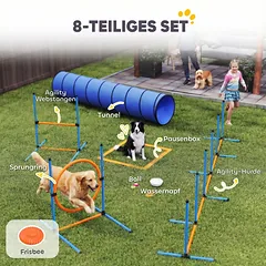 Šunų agility treniruočių rinkinys su tuneliu ir reguliuojamomis kliūtimis, oranžinės, mėlynos ir juodos spalvų, 8 dalių — 4 nuotrauka