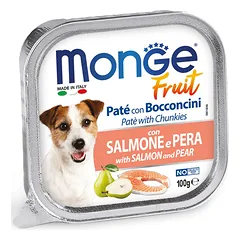 Monge Fruit – Wet Dog PATE & CHUNKIES SALMON & PEAR 100 g parduotuvėje petbaze.lt