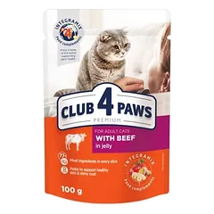 CLUB 4 PAWS Premium visavertis konservuotas maistas suaugusioms katėms su jautiena drebučiuose 80g.x24vnt.
