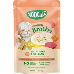 MOOCHIE Kreminiai sultiniai su tunu ir lašiša Be grūdų 40 g Kreminiai sultiniai su tunu ir lašiša
