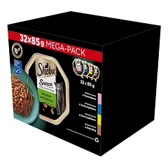 SHEBA Sauce Collection Skonių pasirinkimas 32x85 g padėklai su lašiša, tunu, vištiena, antiena