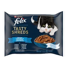 FELIX Tasty Shreds drėgnas kačių ėdalas su lašiša ir tunu padaže 4x80g