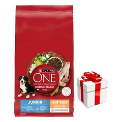  PURINA ONE Junior Medium/Maxi šuniukų maistas, turtingas vištiena ir ryžiais, 7 kg + Staigmena ŠUNIUI