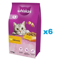 WHISKAS Adult 6x1,4 kg sausas visavertis pašaras suaugusioms katėms su gardžia vištiena