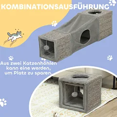 Kačių tunelis su 2 guoliais ir sizaliniais draskymo paviršiais, rudas ir pilkas, 98 x 30 x 30 cm — 4 nuotrauka