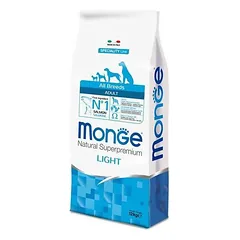 Monge ALL BREEDS Adult Light su lašiša ir ryžiais, sausas maistas suaugusiems šunims su mažesniu kalorijų kiekiu, 12 kg