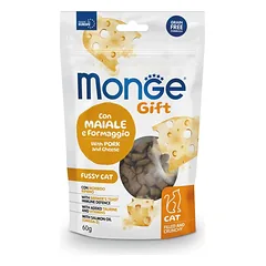 Monge Gift Cat FILLED & CRUNCHY Fussy cat Pork and cheese be grūdų skanėstas katėms su kiauliena ir sūriu, suaugusioms, 60 g