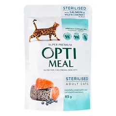 OPTIMEAL Salmon with Blueberries in jelly- konservai katėms be grūdų su lašiša ir mėlynėmis drebučiuose, 85g