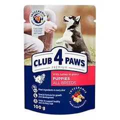 CLUB 4 PAWS PREMIUMAS ŠUNIUKAMS „SU KALAKUTIENA PADAŽE”. VISAVERTIS KONSERVUOTAS PAŠARAS 100g.* 24vnt.