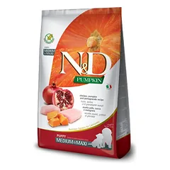 Farmina N&D Dog Grain Free Puppy M/L Vištiena, Granatas, Moliūgas be grūdų sausas maistas šuniukams ir nėščiosioms ar žindančioms kalytėms, 2.5 kg