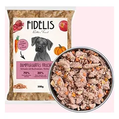 FIDELIS šaldytas BARF maistas šunims su kiauliena, moliūgais, morkomis ir mėlynėmis (500 g)