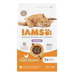 Sausas kačių maistas - IAMS CAT ADULT HAIRBALL CHICKEN, 3 kg