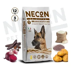 Necon No Gluten Dog Testy With deer sausas pašaras šunims be gliuteno su elniena, bulvėmis ir ryžiais