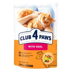 CLUB 4 PAWS Premium Visavertis pašaras suaugusioms katėms su veršiena, 0,3 kg