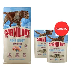 CARNILOVE True Fresh Dog Fish and Turkey Adult 12 kg – šviežia žuvis ir kalakutiena suaugusiems šunims + CARNILOVE Dog Freeze Dried Turkey and Salmon 2 × 60 g DOVANŲ
