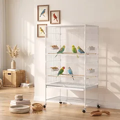 Paukščių narvas su ratukais ir ištraukiamu dugno padėklu, baltas, 94 x 57 x 153 cm — 2 nuotrauka