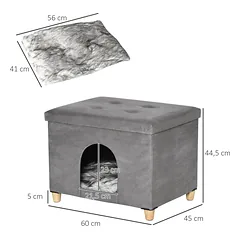 Kačių namelis-pufas 2 in 1 su pagalvėle ir medinėmis kojelėmis, 60x45x44,5 cm, pilkas — 3 nuotrauka