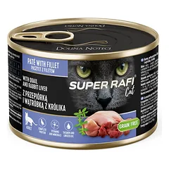 SUPER RAFI Cat su stručiu ir triušio kepenėlėmis 185g drėgnas maistas katėms
