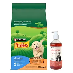 Friskies Junior Maistas šuniukams su vištiena ir daržovėmis su pienu 10 kg + LAB V Lašišų aliejus šunims ir katėms 500ml