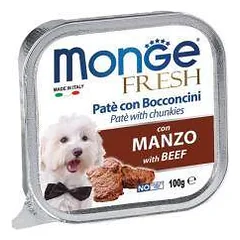 Monge Fresh paštetas ir gabaliukai su jautiena, drėgnas maistas šunims 100 g parduotuvėje petreon.lt