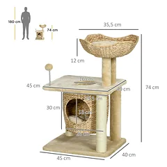 Draskyklė 74 cm su urveliu, gultu ir žaislu, 1–2 katėms iki 5 kg, smėlio spalvos — 3 nuotrauka