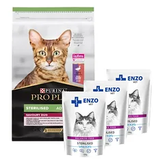 PURINA Pro Plan Cat Sterilised Duck & Liver 10kg + ENZO VET Sterilizuota dieta sterilizuotoms katėms su kalakutiena želė 3x100g