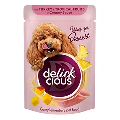 DELICKCIOUS konservuotas pašaras su kalakutiena ir trop. vaisiais suaugusiems šunims, 80 g