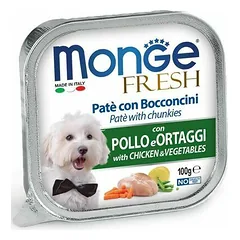 Monge Fresh paštetas ir gabaliukai su vištiena ir daržovėmis, drėgnas maistas šunims 100 g