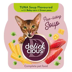 Delickcious tuno sriuba katėms su kukurūzais ir žirneliais, 80 g
