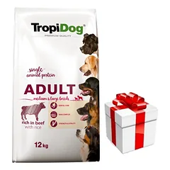 TROPIDOG Premium Adult medium & large breed jautiena su ryžiais 12kg + Staigmena ŠUNIUI